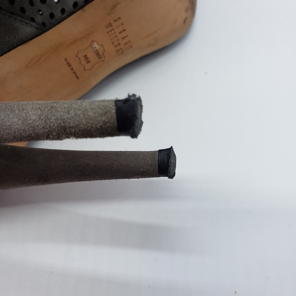 Stuart Weitzman Women US 8 Grey Heeled Bootie Suede Laser Cut Open Toe Heel Zip - Picture 3 of 13